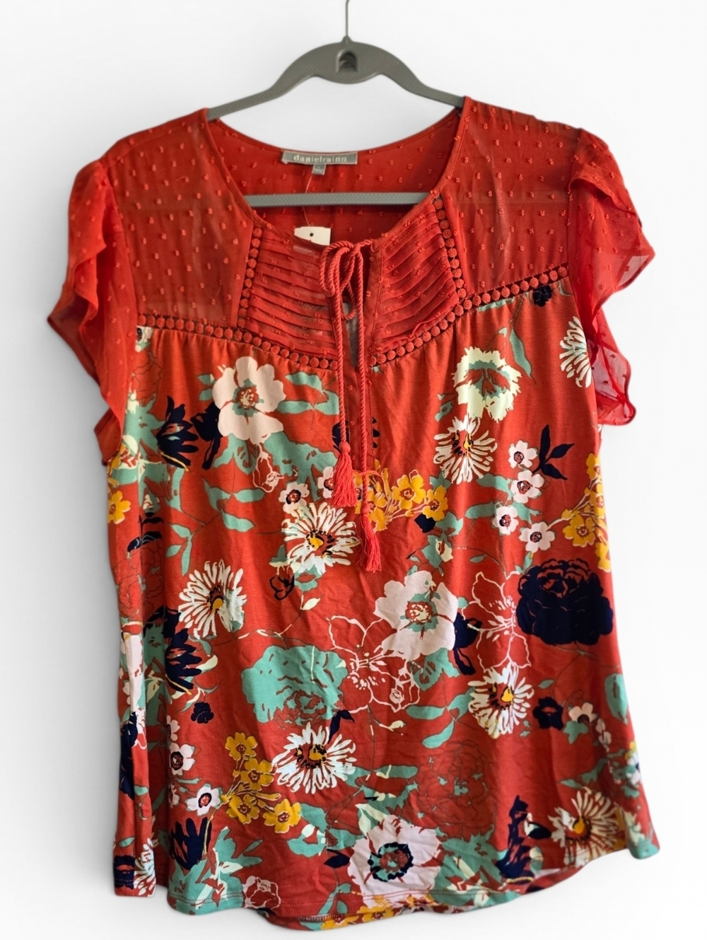 Daniel Rainn Floral Blouse Size L Coral Boho Flutter Sleeve  NWT